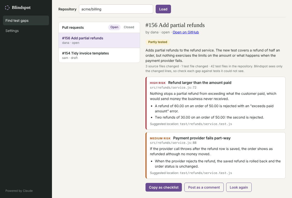 The Blindspot window showing a pull request marked partly tested, with two gaps: a high-risk one about a refund larger than the amount paid and a medium-risk one about the payment provider failing part-way, each with test cases to write and a suggested test file.