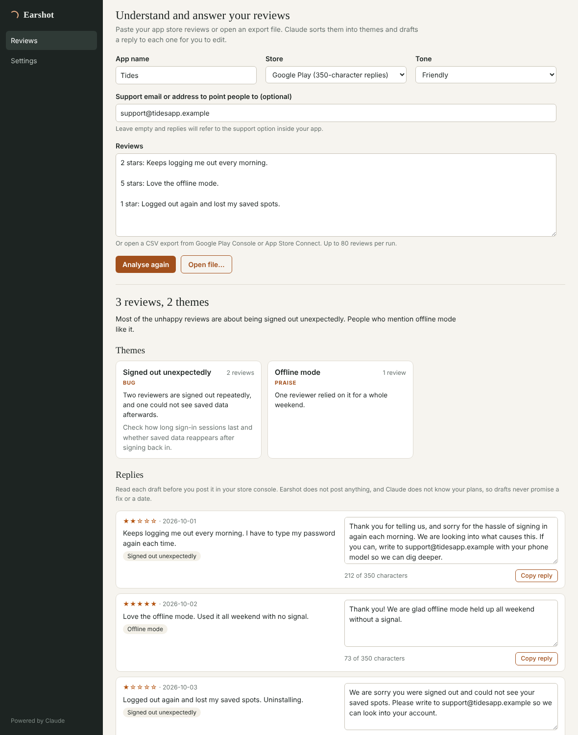 The Earshot window: a form with the app name, store and pasted reviews, then two themes, signed out unexpectedly and offline mode, followed by each review beside an editable drafted reply with a character count.