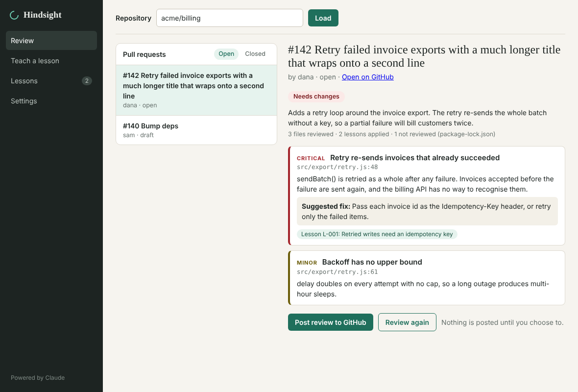 The Hindsight window showing a review of a pull request: a critical finding about a retry that re-sends invoices, labelled with the saved lesson it breaks, and a minor finding below it.
