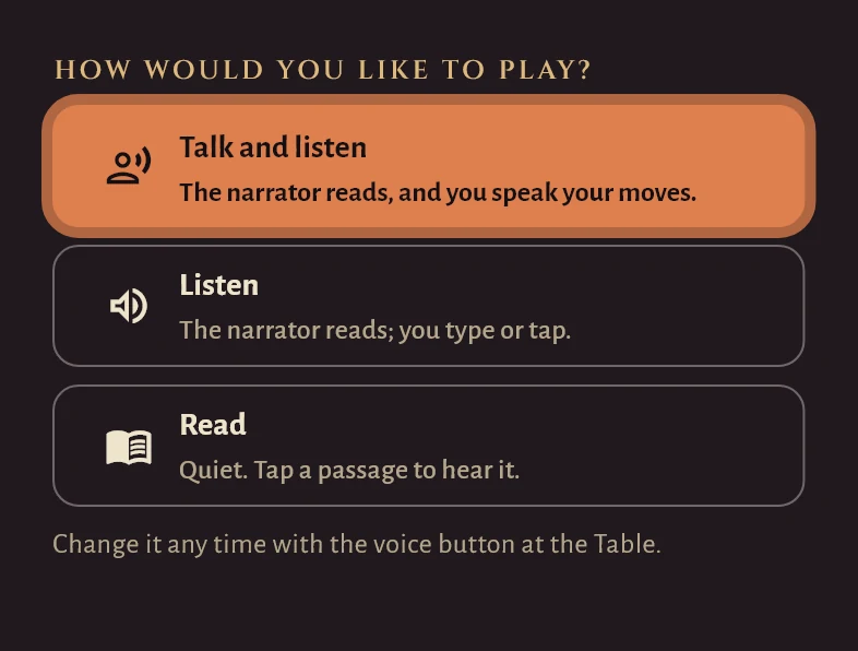 The question How would you like to play, with three answers: Talk and listen, Listen, and Read.