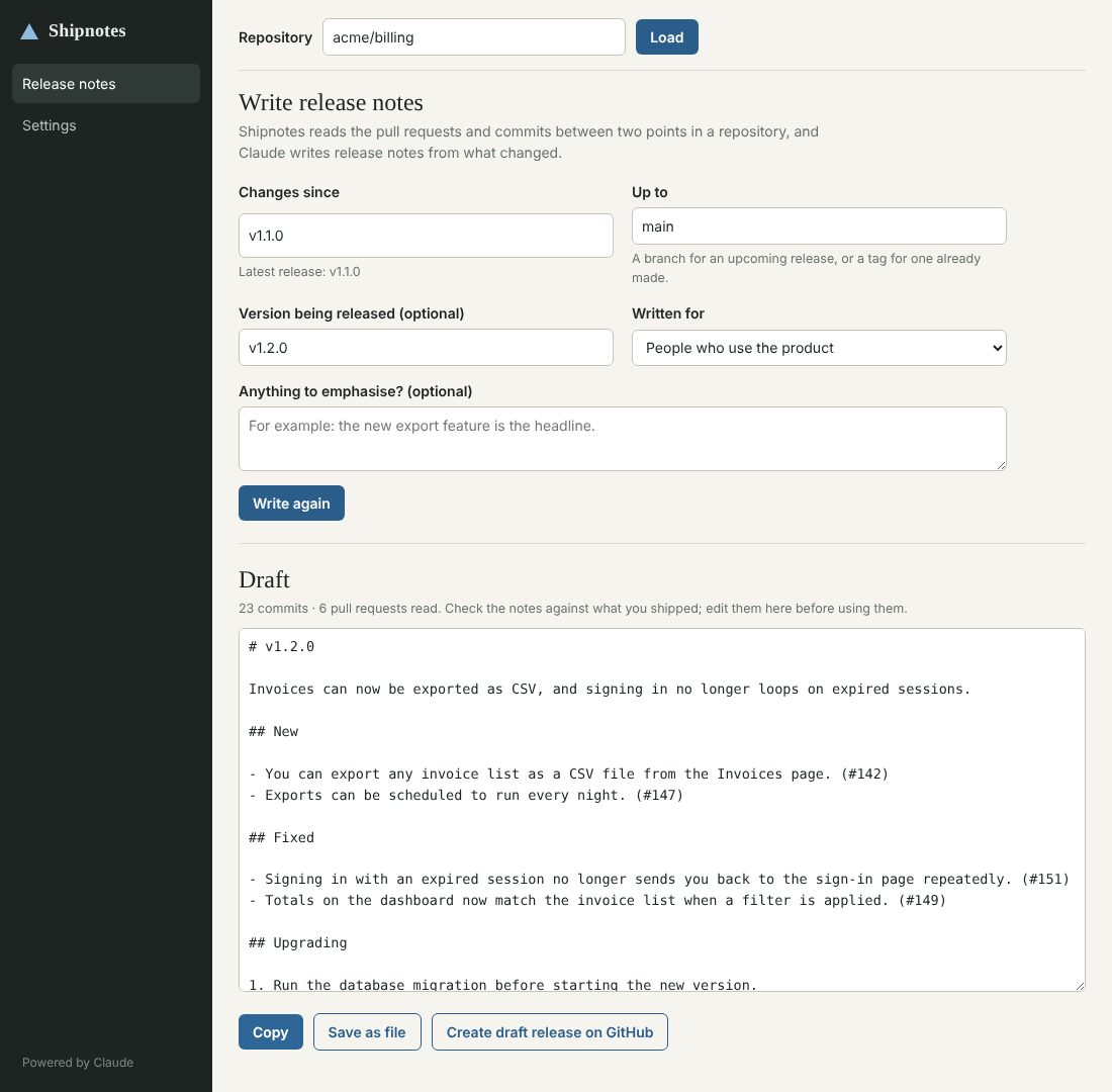 The Shipnotes window: a form choosing changes since v1.1.0 up to main, and below it a draft of release notes with New, Fixed and Upgrading sections, each item ending in its pull request number.
